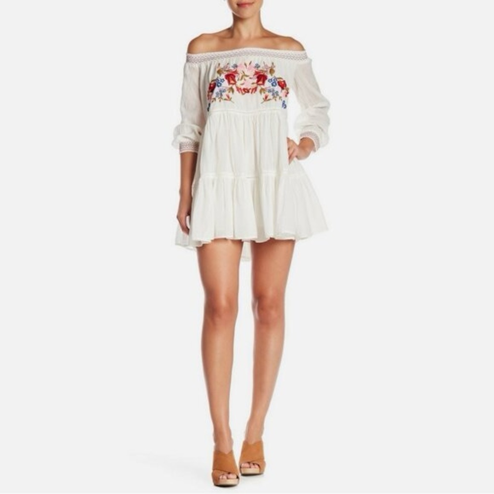 Free People White Off-Shoulder Mini Dress with Floral Embroidery